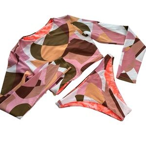 Maaji Reversible Long Sleeve Rashguard Bikini Set Size M Retro Geometric NWT